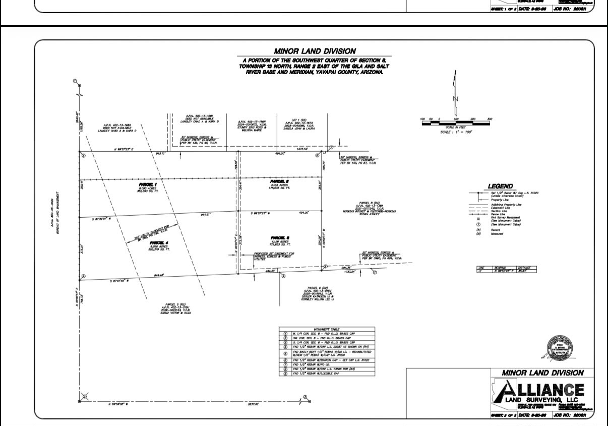 Recorded Minor Land Division survey - Dewey AZ Boulder Ranch, Parcels 1-4